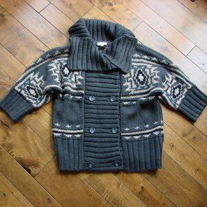 Chunky Knit Cardigan Sweater Gray Cream Aztec Pattern Wool Alpaca Blend Medium